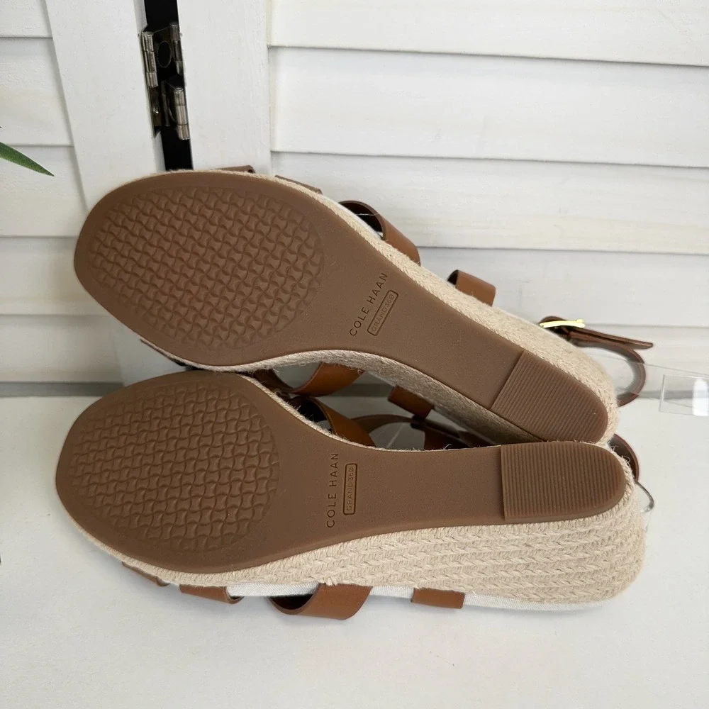 Cole Haan Crystal Wedge Sandal Tan Faux Leather Strappy‎ Espadrille Shoe Size 9B